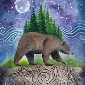 May include: A watercolour painting of a brown bear standing on a forest floor with roots growing from its paws. The bear is surrounded by a forest of green pine trees and a starry night sky with a full moon.