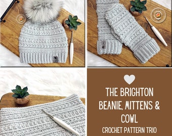 Crochet Pattern, Brighton BEANIE, COWL & MITTEN Set, Crochet Pattern, Crochet Hat Pattern, Crochet Mitten Pattern, Silver Maple Stitches