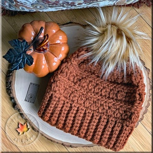 Può includere: Un berretto di lana marrone con un pon pon di pelliccia sintetica. Il berretto è appoggiato su una fetta di legno con una zucca di ceramica.
