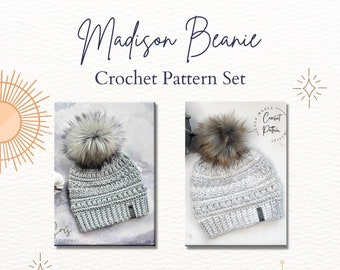 CROCHET PATTERN SET, Madison Beanie, Crochet Hat Pattern, Crochet Chunky Hat, Crochet Beanie, Crochet Bulky Hat Pattern, Crochet Toque, Pom