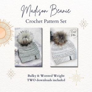 CROCHET PATTERN SET, Madison Beanie, Crochet Hat Pattern, Crochet Chunky Hat, Crochet Beanie, Crochet Bulky Hat Pattern, Crochet Toque, Pom