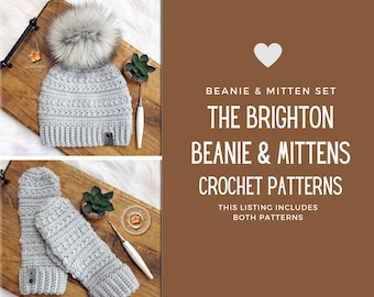 CROCHET Pattern, Brighton BEANIE & MITTEN Set, Crochet Pattern, Crochet Hat Pattern, Crochet Mitten Pattern, Silver Maple Stitches, Tutorial