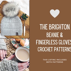 BRIGHTON BEANIE & FINGERLESS Gloves Crochet Pattern Set, Crochet Hat Pattern, Crochet Gloves Pattern, Silver Maple Stitches, 2 Patterns, Diy