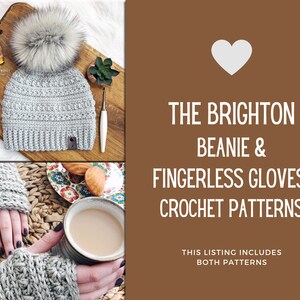 BRIGHTON BEANIE & GUANTI SENZA DITA Modello all'uncinetto, modello per cappello all'uncinetto, modello per guanti all'uncinetto, punti acero argentato, 2 modelli, fai da te