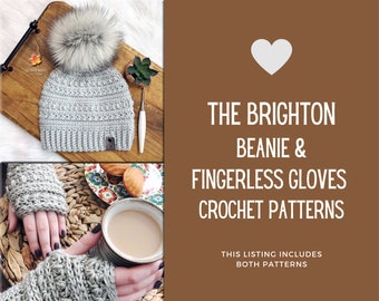 BRIGHTON BEANIE & FINGERLESS Gloves Crochet Pattern Set, Crochet Hat Pattern, Crochet Gloves Pattern, Silver Maple Stitches, 2 Patterns, Diy