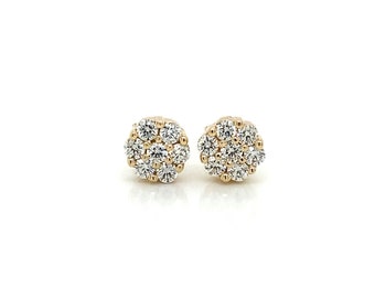 Diamond Cluster Stud Earrings in 14KT. Yellow Gold  (0.92ct. tw.) Cluster Earrings, Prong set Cluster Earrings, Floral stud earrings