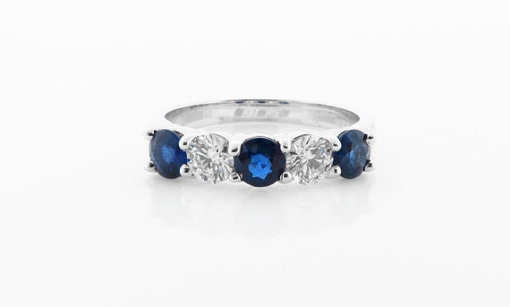 Five Stone Sapphire and Diamond Ring in 14kt White Gold 1.52ct