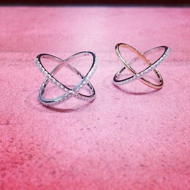 Criss Cross Diamond X Ring in 14kt Two Tone White & Rose Gold Etsy