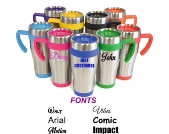 Personalised Custom Metal Travel Mug Colour Handle and Lid - Hot Cold Tea Coffee Great Teachers Gift - Any Name Word In Sign Vinyl Best  No1