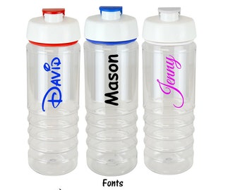 Personalised Custom Clear Bottle Flip Top Lid and Accent Coloured Top - 750ml - School, Kids, Merchandise Drink Cup Any Name Word