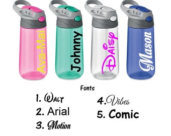 Personalised Custom Children's Bespoke Water Bottle With Flip Straw Push Button Merchandise Advertising Kids Any Name Or Word Approx 450ml