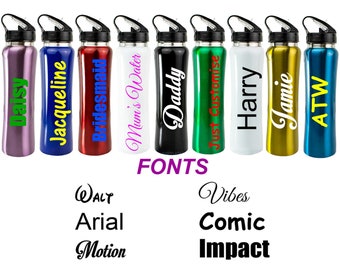 Personalised Custom Children's Steel Bespoke Water Bottle With Flip Straw Merchandise Plastic Lid Kids Any Name Or Word Approx 600ml