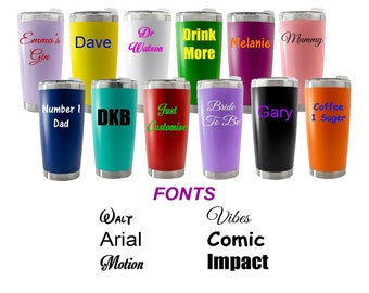 Personalised Custom Tumbler Travel Mug Stainless Steel with Plastic Lid and Stopper - Tea Coffee - Any Name, Word In Sign Vinyl Added