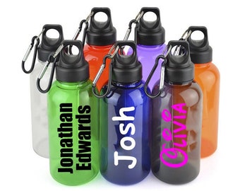 Personalised Custom Children's Water Bottle Screw Lid and Clip - 500ml - Translucent Effect - School, Bag, Kids, Merchandise Any Name Word