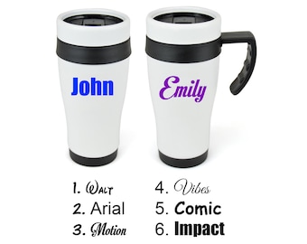 Personalised Custom White Stainless Steel Travel Mug / Tumbler - Lid and Slide Sipper - Hot Cold Tea Coffee - Any Name, Word In Sign Vinyl