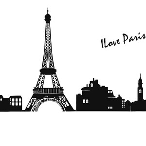 May include: Black and white silhouette of the Eiffel Tower and other buildings with the text "I love Paris" in cursive.