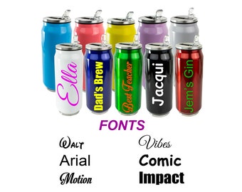 Personalised Custom Water Bottle (Can Style) Stainless Steel Flip Straw - 400ml - School, Kids, Merchandise Drink Cup Any Name Word