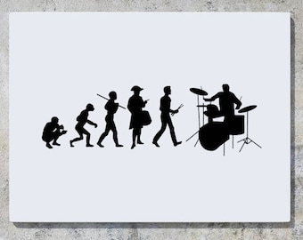 May include: A black and white silhouette illustration of the evolution of man, ending with a drummer playing a drum set.