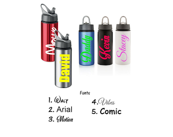 Personalised Custom Children's Metal Bespoke Water Bottle With Flip Straw Merchandise Plastic Lid Kids Any Name Or Word Approx 600ml