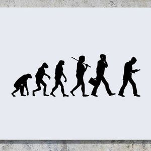 Puede incluir: Una ilustración en silueta en blanco y negro de la evolución de los humanos, comenzando con un mono y terminando con una persona mirando un teléfono inteligente.