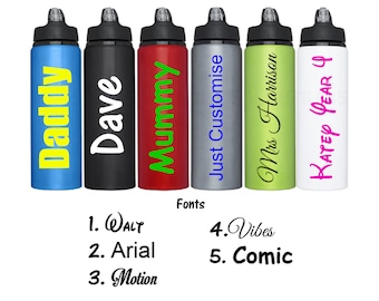Personalised Custom Metal Water Bottle Screw Lid and Clip - 800ml - School, Kids, Merchandise Drink Cup Any Name Word