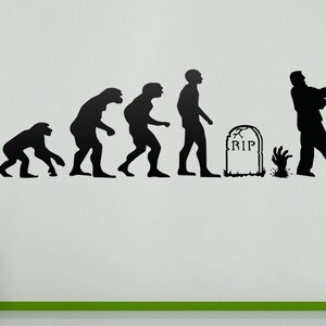 May include: A black and white silhouette wall decal depicting the evolution of humans, ending with a zombie. The decal features the text "RIP" on a tombstone.