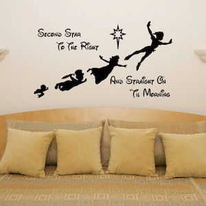 May include: Black and white wall decal featuring Peter Pan and Tinkerbell flying with the quote "Second Star to the Right and Straight On 'Til Morning".