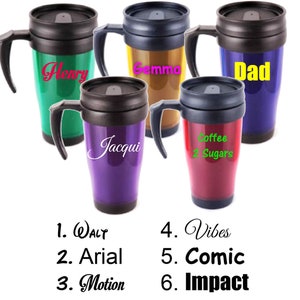 Tazza da viaggio in plastica a doppia parete personalizzata con manico effetto traslucido - Tè caldo freddo Caffè Ottimo regalo per insegnanti - Qualsiasi nome, parola