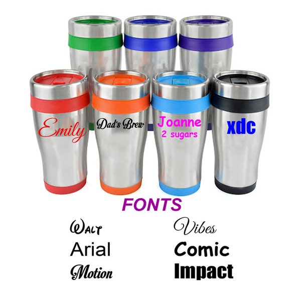 Personalised Custom Metal Travel Tumbler Mug Colour Lid - Double Wall Insulation Hot Cold Tea Coffee - Any Name, Word In Sign Vinyl Added
