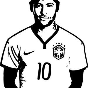 K&ouml;nnte beinhalten: Schwarz-wei&szlig;e Silhouette eines Fu&szlig;ballspielers, der ein wei&szlig;es Trikot mit der Nummer 10 auf der Vorderseite tr&auml;gt. Das Trikot hat ein Nike-Swoosh-Logo auf der linken Seite und ein Wappen der brasilianischen Nationalmannschaft auf der rechten Seite.