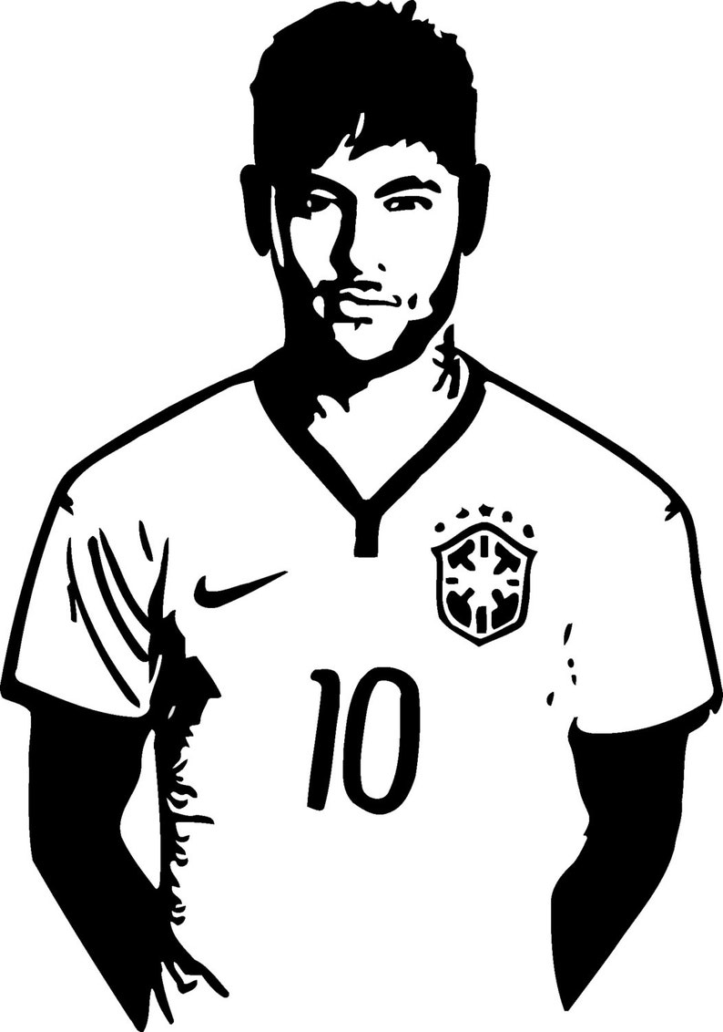 K&ouml;nnte beinhalten: Schwarz-wei&szlig;e Silhouette eines Fu&szlig;ballspielers, der ein wei&szlig;es Trikot mit der Nummer 10 auf der Vorderseite tr&auml;gt. Das Trikot hat ein Nike-Swoosh-Logo auf der linken Seite und ein Wappen der brasilianischen Nationalmannschaft auf der rechten Seite.