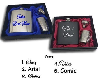 Personalised Custom 6oz Steel Hip Flask Funnel 4 Cups Gift Box - Wedding, Christmas, Groomsmen, Teacher Gift Set