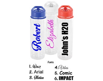 Personalised Custom Water Bottle Clear Flip Straw Sipper- School Gym Sports - Have Any Name Or Word Approx 800ml