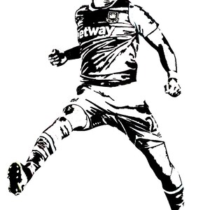 Puede incluir: Una ilustraci&oacute;n en blanco y negro de un jugador de f&uacute;tbol en el aire, celebrando un gol. El jugador lleva una camiseta de f&uacute;tbol con la palabra "Betway" en la parte delantera y un logotipo del equipo en el pecho. El jugador lleva pantalones cortos y calcetines.