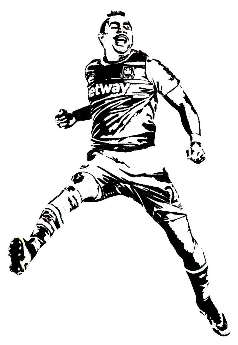 Puede incluir: Una ilustraci&oacute;n en blanco y negro de un jugador de f&uacute;tbol en el aire, celebrando un gol. El jugador lleva una camiseta de f&uacute;tbol con la palabra "Betway" en la parte delantera y un logotipo del equipo en el pecho. El jugador lleva pantalones cortos y calcetines.
