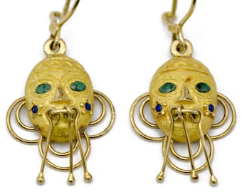 Gold Mask Earrings with Jade & Lapis