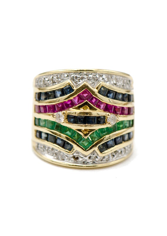 14k Yellow Gold Emerald, Sapphire, Ruby & Diamond… - image 1