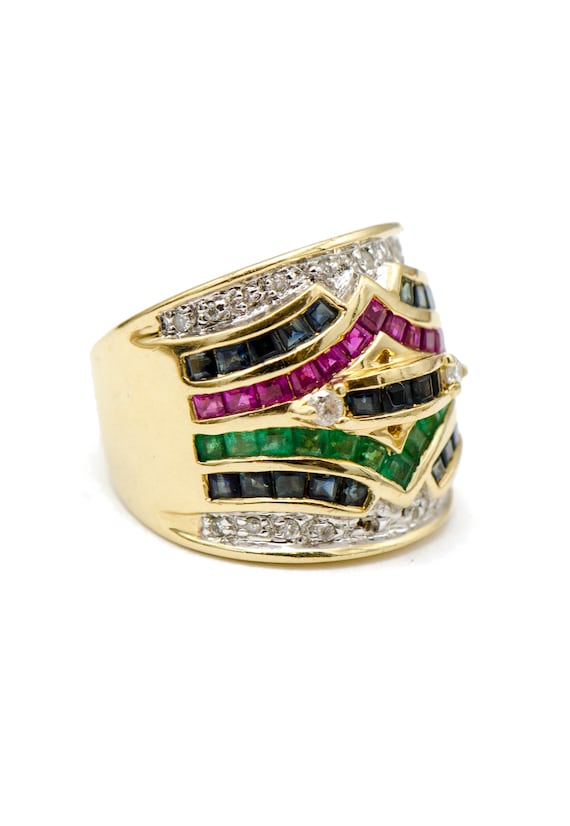 14k Yellow Gold Emerald, Sapphire, Ruby & Diamond… - image 2