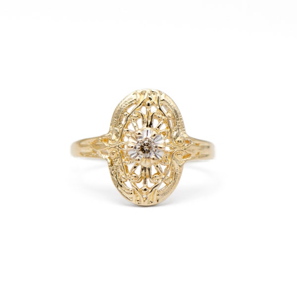 VIntage 14k Yellow Gold Diamond Filigree Ring