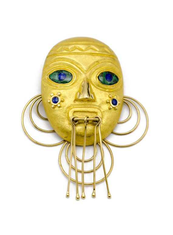 Gold Mask Pendant with Jade & Lapis