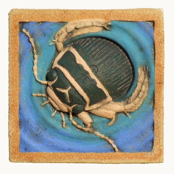 Great diving beetle emerging from water, insect, wildlife ceramic sculpture, small gift, garden art, frost and weather proof hand painted.