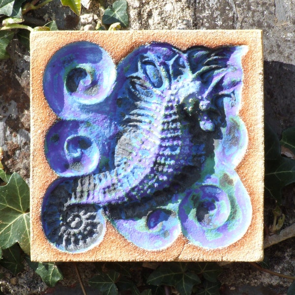 Spiny Seahorse, animal sculpture, bas relief stoneware sculpture, garden art, frost proof, British wildlife ceramic art, sea life, seahorse