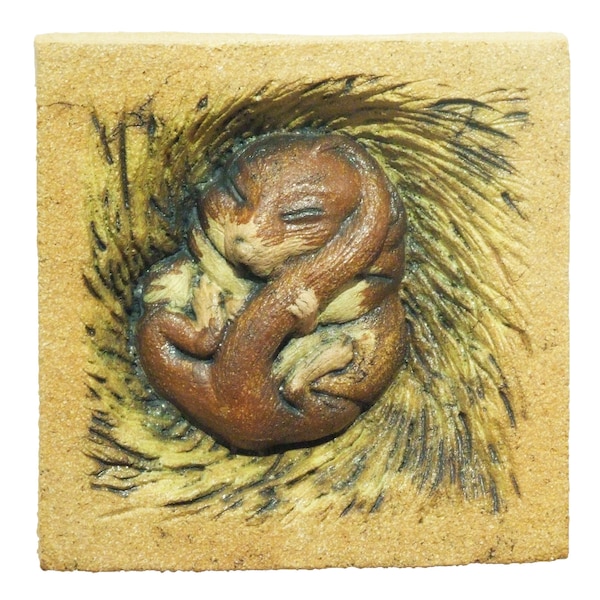 Dormouse wall hanging sculpture, wildlife bass relief stoneware ceramic garden sculpture, sleeping mini beast wildlife art