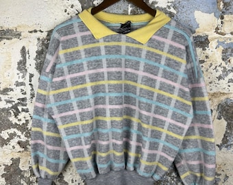 Vintage Made Inc Pastel Grid Polo Sweater Gray Yellow Pink Blue 80s Made in USA