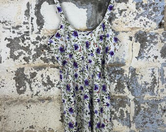 Vintage 90s Floral Jacquard Satin Nightgown Slip Dress White Purple XL