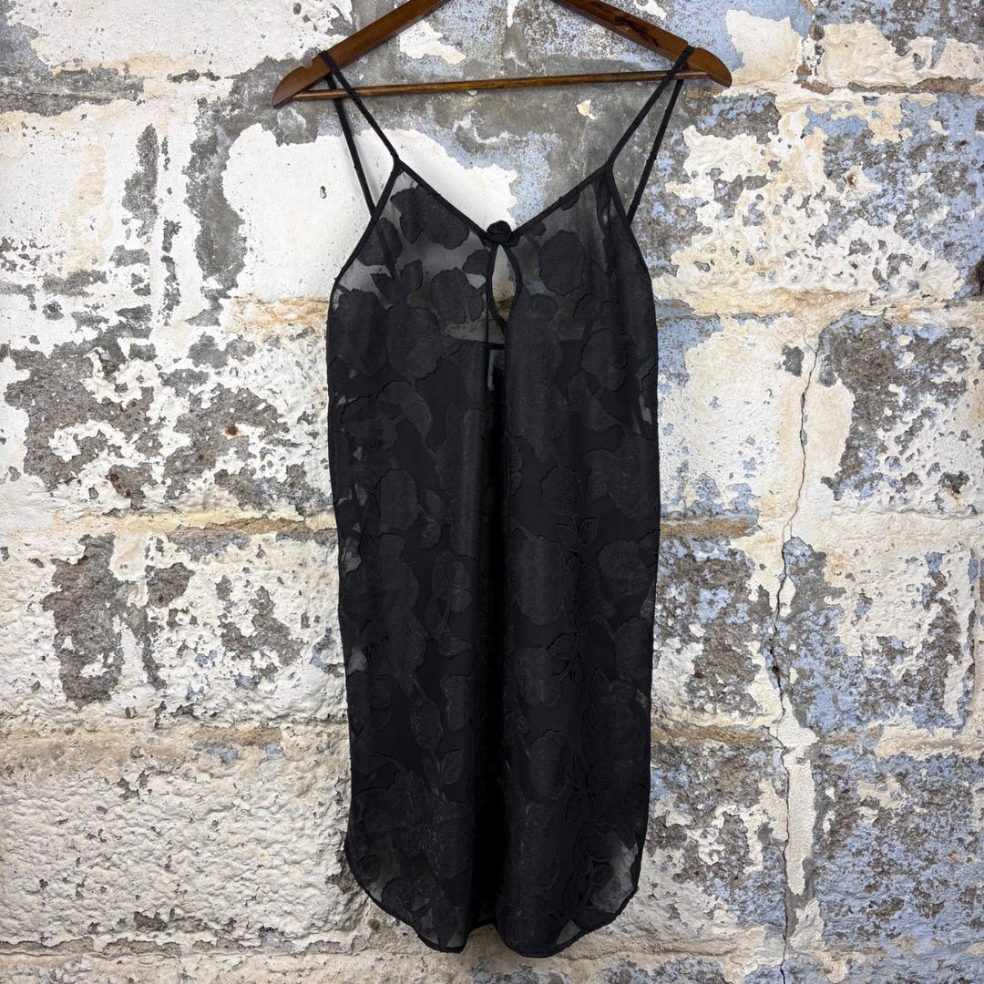 VTG Anne Stuart Black Cotton Floral Burnout Chemise Slip Dress Medium ...