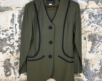 Vintage 80's David Benjamin Olive Green Collarless Blazer Black Piping USA 12