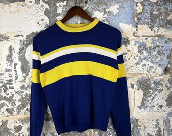Vintage Striped Crewneck Sweater Navy Blue Yellow White Wool Blend Size L