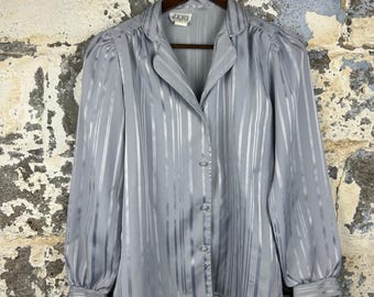 Jani Originals Vintage 80s Striped Long Sleeve Blouse Light Blue Grey Size 10