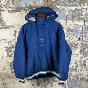 May include: A blue hooded anorak jacket with a white star logo on the chest. The jacket has a front pocket, a drawstring hood, and white, gray, and blue striped trim at the waist and cuffs. The Starter logo is on the cuff.